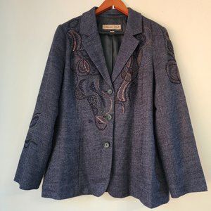 Coldwater Creek, Women's Blazer Size 14, Wool Blend, Embroider Knit, Dark Blue.
